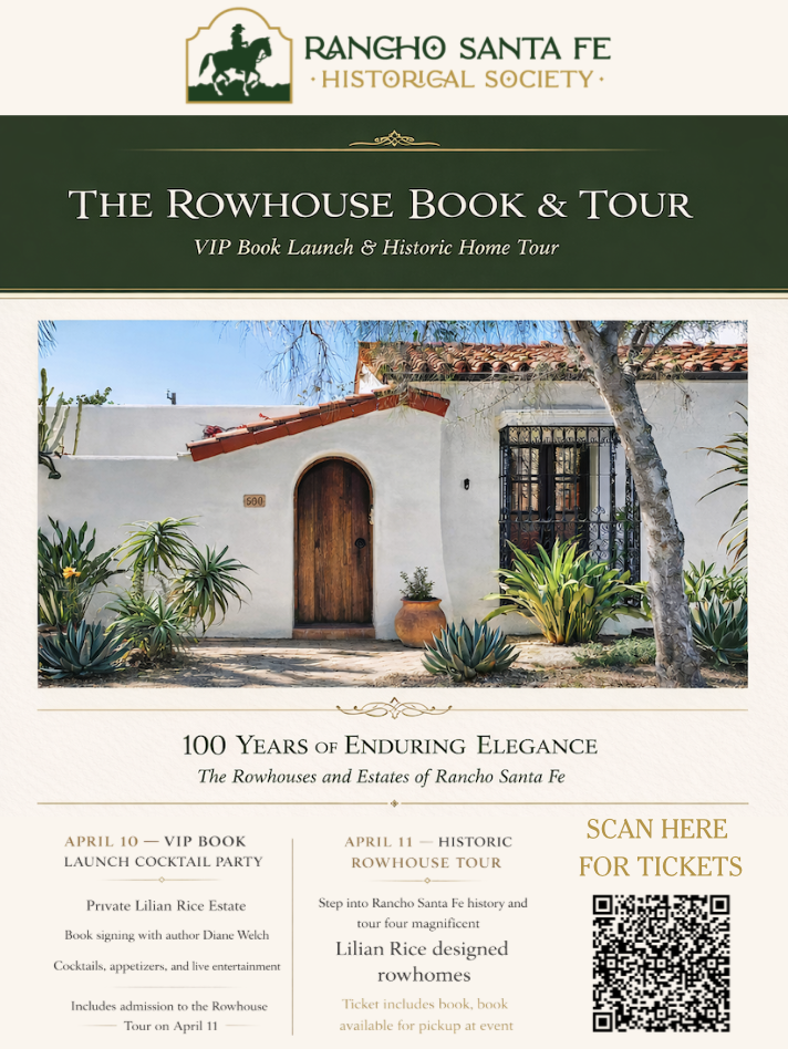 Rowhouse Book and Tour event flyer Rancho Santa Fe Historical Society April 10 and April 11